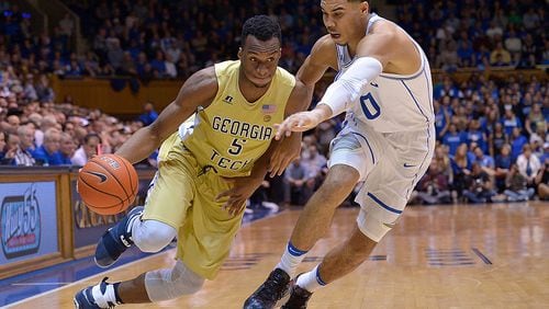 DURHAM, NC - JANUARY 04: Jayson Tatum #0 of the Duke Blue Devils defends Josh Okogie #5 of the Georgia Tech Yellow Jackets during the game at Cameron Indoor Stadium on January 4, 2017 in Durham, North Carolina. Duke won 110-57. (Photo by Grant Halverson/Getty Images)