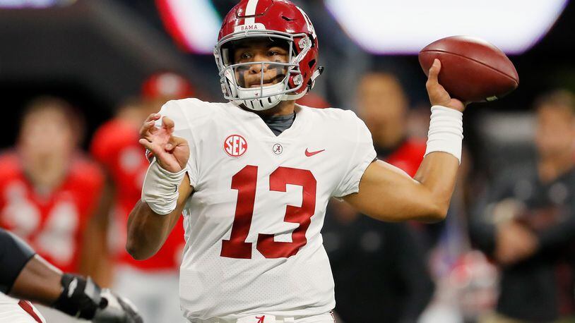 Tua Tagovailoa lets fly during what would turn out to be a difficult - for him - 2018 SEC Championship game vs. Georgia inside Mercedes-Benz Stadium.