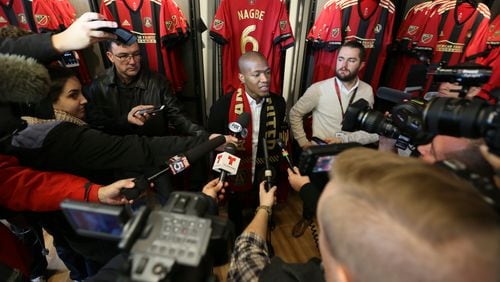December 15 , 2017-Atlanta. The new member of the five stripe Darlington Negbe talks to the media after the Meet and Greet at Mercedes-Benz Stadium on Friday, December 15.