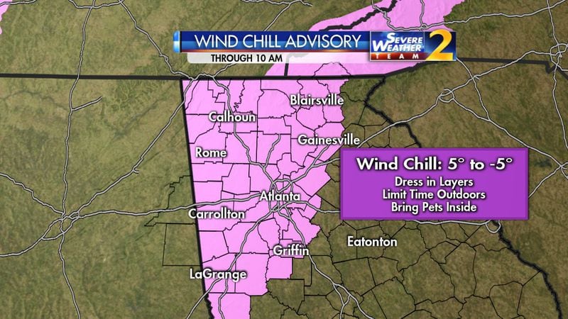 A wind chill advisory is set to last until 10 a.m. Thursday for metro Atlanta and other parts of North Georgia. (Credit: Channel 2 Action News)