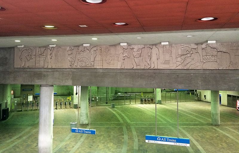 A bas-relief sculpture that was once part of the 143 Alabama Street building is preserved at the Philips Arena MARTA station entrance. (PETE CORSON / pcorson@ajc.com)