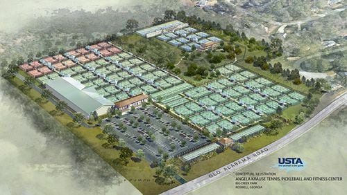 A rendering of the Angela Krause Tennis, Pickleball and Fitness Center planned at Big Creek Park in Roswell. SPECIAL