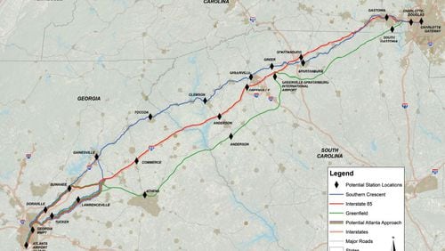 The Georgia Department of Transportation and the Federal Railroad Administration have studied three potential routes for an Atlanta-to-Charlotte, N.C., high-speed rail line.