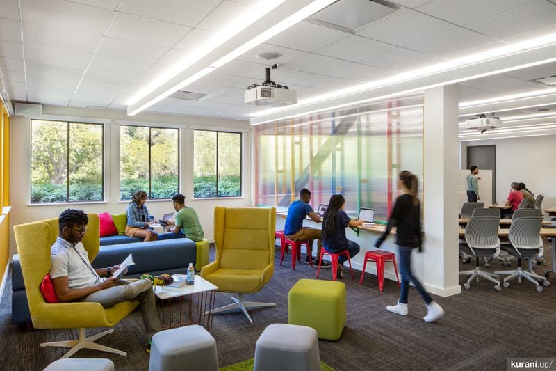 An academic lounge at the Howard West Campus at Google headquarters in Mountain View, California, designed by Atlanta-based architecture firm, Kurani.