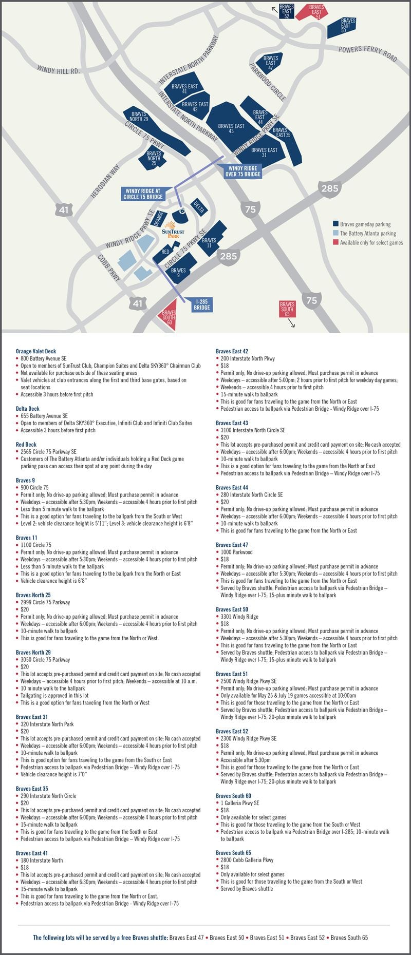 The Atlanta Braves have released a parking plan for SunTrust Park, the new stadium in Cobb County. There are about 14,000 parking spots near SunTrust Park, compared to Turner Field’s almost 8,700 spaces. Some lots are reserved for season-ticket holders while others are public.