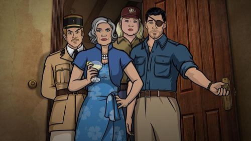 ARCHER -- "Season 9, Episode 1 -- Pictured (l-r): Reynaud (voice of Adam Reed), Malory Archer (voice of Jessica Walter), Pam Poovey (voice of Amber Nash), Sterling Archer (voice of H. Jon Benjamin). CR: FXX