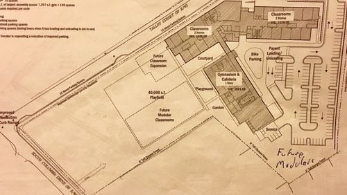 Site plan for the new 3-5 elementary school on Talley Street in east Decatur. Features include 55 acres of green space and only 99 parking spaces including 24 on-street spaces. Courtesy City Schools Decatur