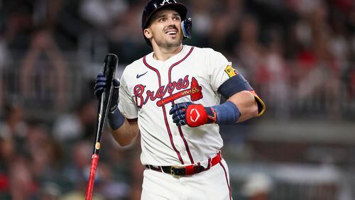 Atlanta Braves right fielder Adam Duvall reacts after lining out to third during the seventh inning against the Washington Nationals at Truist Park, Thursday, May 30, 2024, in Atlanta. The Braves lost 3-1. (Jason Getz / AJC)
