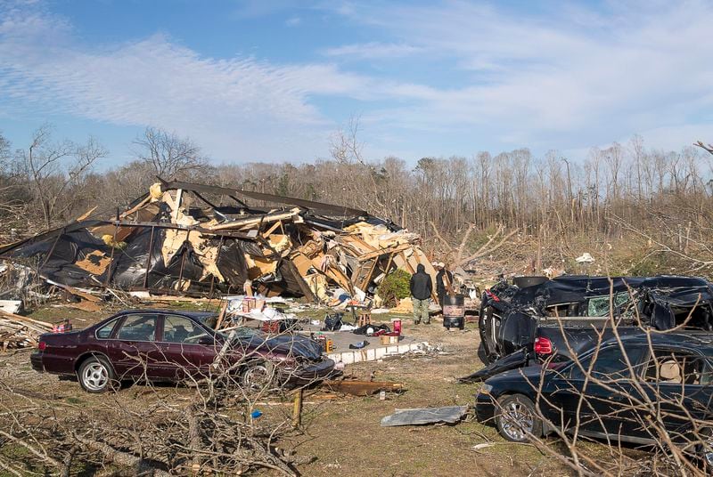 A double-wide home sits destroyed following a possible tornado in Talbotton, Monday, March  4, 2019. Keith Stellman, head forecaster for the National Weather Service, said during the presser that the path of destruction in the town looked to be caused by an EF2 tornado, although that wasn't confirmed during the governor's tour.  (ALYSSA POINTER/ALYSSA.POINTER@AJC.COM)