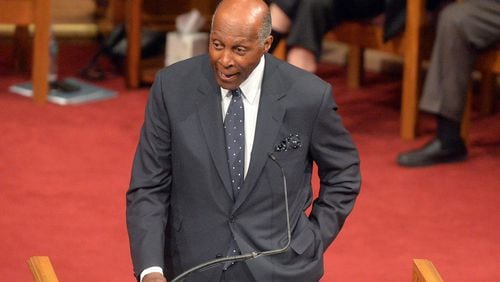 Vernon Jordan gives the eulogy during the funeral for his lifelong friend, Atlanta builder and civil rights leader Herman J. Russell. Jordan is dead at age 85. KENT D. JOHNSON/KDJOHNSON@AJC.COM