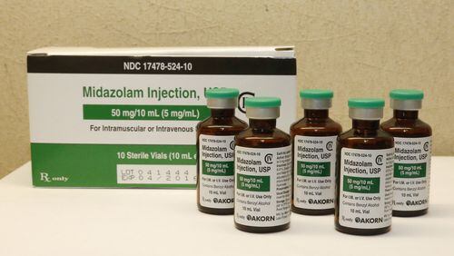 Bottles of midazolam at a hospital pharmacy in Oklahoma City. The U.S. Supreme Court ruled in a 5-4 decision Monday that the sedative midazolam can be used in executions without violating the Eighth Amendment prohibition against cruel and unusual punishment. (SUE OGROCKI/AP FILE PHOTO)