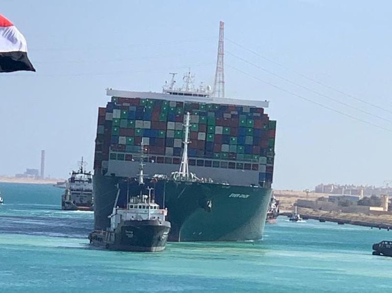 Massive 1,300-foot long container ships can transit Egypt's Suez Canal, which connects shipping routes between the Indian Ocean and the Atlantic Ocean. (Suez Canal Authority via The New York Times) 