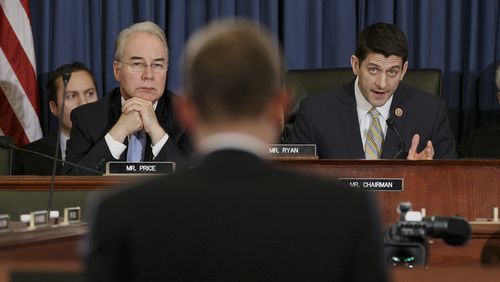In this Feb. 5, 2014 file photo, then-Rep. Tom Price, R-Ga. listens at left as then-House Budget Chairman Rep. Paul Ryan, R-Wis., right, questions Congressional Budget Office (CBO) Director Douglas Elmendorf on Capitol Hill in Washington. (AP Photo/J. Scott Applewhite, File) U.S. Reps. Tom Price, R-Roswell, and Paul Ryan, R-Wis., at a Budget Committee hearing last year. (AP/J. Scott Applewhite)