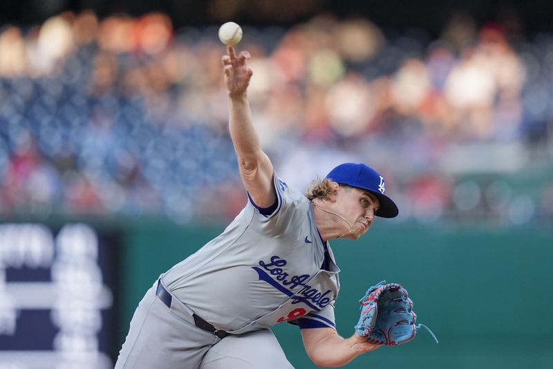 Los Angeles Dodgers starting pitcher Landon Knack throws during the first inning of the team's baseball game against the Washington Nationals at Nationals Park, Wednesday, April 24, 2024, in Washington.(AP Photo/Alex Brandon)