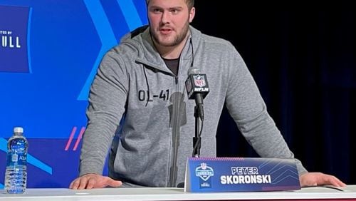 Northwestern offensive tackle Peter Skoronski, an unanimous All-American, told The Atlanta Journal-Constitution that he had a formal interview with the Atlanta Falcons at the NFL Scouting Combine in Indianapolis. (By D. Orlando Ledbetter/dledbetter@ajc.com)