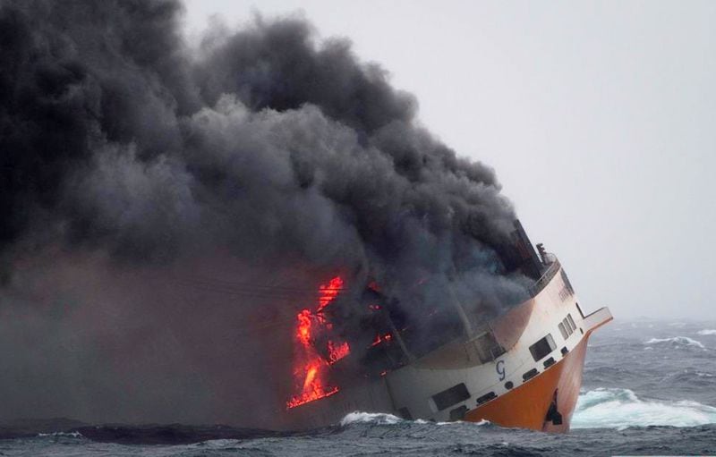 The Grimaldi vessel Grande America was on fire in the Bay of Biscay, off the west coast of France, on March 11, 2019. French authorities worked to contain an oil spill off the Atlantic Coast after the Italian tanker sank following a fire. French and British rescue teams saved all 27 people aboard the Grande America tanker after it sank. 