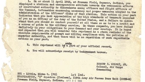 Hiram Little's reprimand letter that was placed in his personnel file in 1945. His actions were later vindicated.