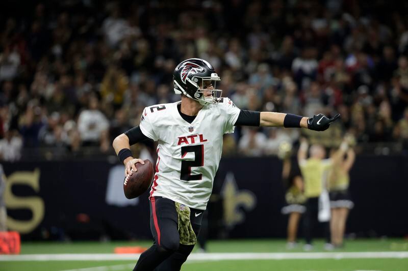Atlanta Falcons quarterback Matt Ryan (2) runs for a touchdown against the New Orleans Saints during the second half of an NFL football game, Sunday, Nov. 7, 2021, in New Orleans. (AP Photo/Derick Hingle)