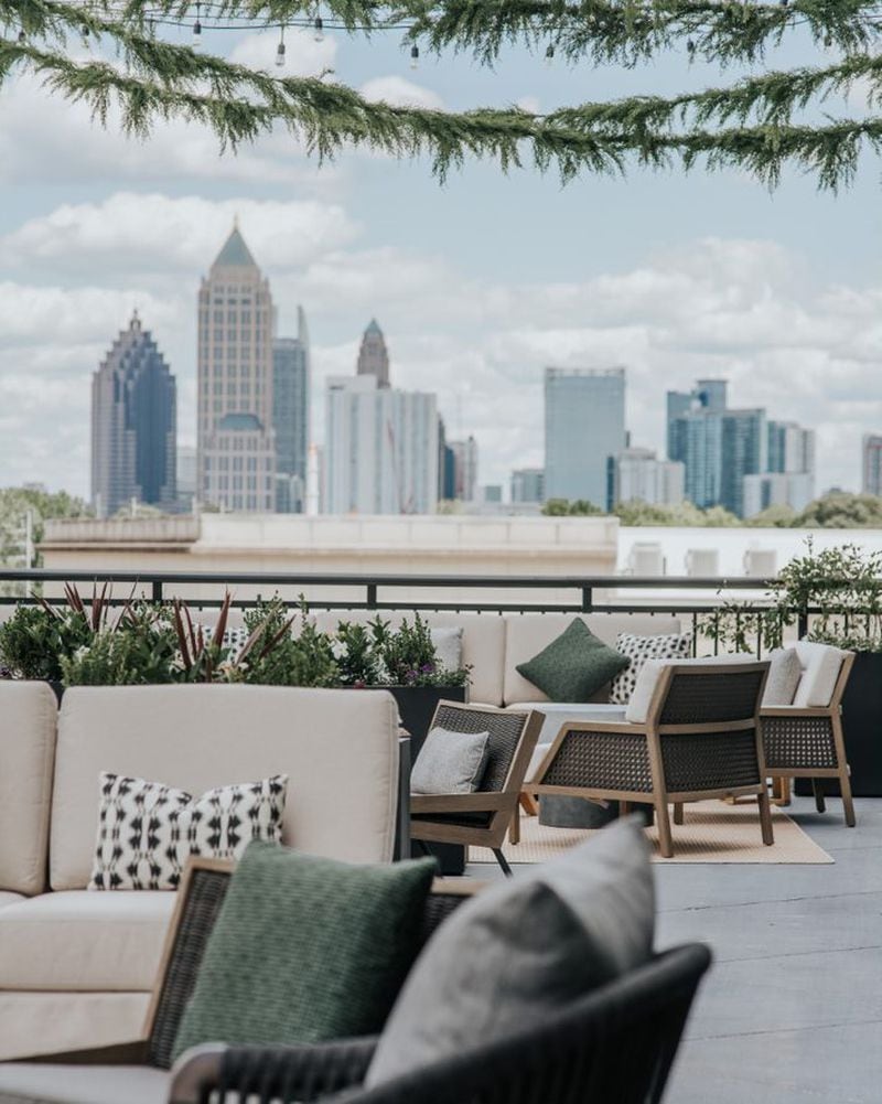 The terrace at Drawbar, the restaurant and lounge at the new Bellyard Hotel in West Midtown, offers a view of Midtown Atlanta. (Courtesy of Caleb Jones Photography)