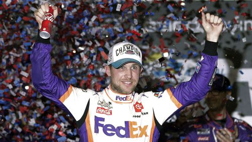 Denny Hamlin, the three-time Daytona 500 winner, beat Dale Earnhardt Jr. off the final corner Sunday, March 22, 2020 at virtual Homestead-Miami Speedway to win the bizarre spectacle.