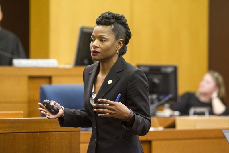 Assistant District Attorney Melissa Redmon addresses the jury during the State v. Mye Brindle, David Cohen and John Butters trial at the Fulton County Courthouse in Atlanta, Georgia, on Tuesday, April 10, 2018. (REANN HUBER/REANN.HUBER@AJC.COM)