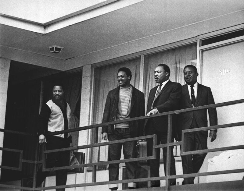 Hosea Williams, Jesse Jackson, Martin Luther King Jr. and Ralph David Abernathy arrive at the Lorraine Motel in Memphis on April 3, 1968. King returned to Memphis on April 3. As a thunderstorm raged outside, he delivered his "I've Been to the Mountaintop," speech at Mason Temple.