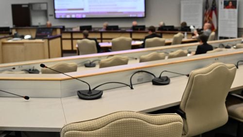 Gwinnett Board of Education is one of a handful of government bodies that is keeping its regular meeting schedule, but without public attendees. Hyosub Shin / Hyosub.Shin@ajc.com)