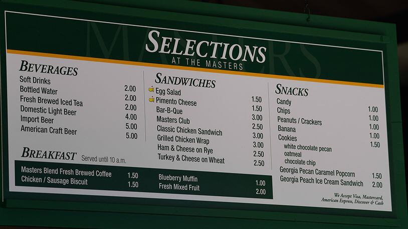 Concession prices at this year's Masters Tournament at Augusta National Golf Club.