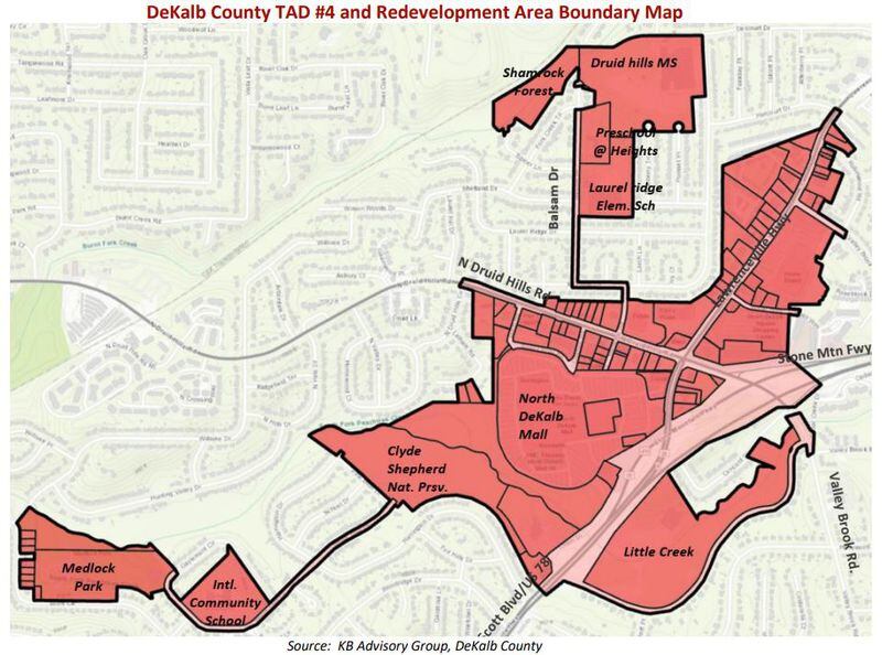 The boundaries of the newly created Market Square Tax Allocation District, aimed at supporting the redevelopment of North DeKalb Mall.