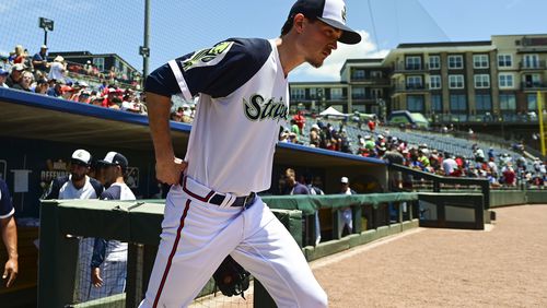 Pitcher Max Fried (56) takes the field during the Gwinnett Stripers game against the Omaha Storm Chasers Sunday July 9, 2023 at Coolray Field. (Daniel Varnado/ For the AJC)
