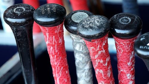 September 20, 2019 Atlanta: The bats of Atlanta Braves Ronald Acuna Jr. are ready in the dugout, the Braves needing the magic number of 1 to clinch the National League East title, as they prepare to play the San Francisco Giants in a MLB baseball game on Friday, Sept. 20, 2019, in Atlanta.  Curtis Compton/ccompton@ajc.com