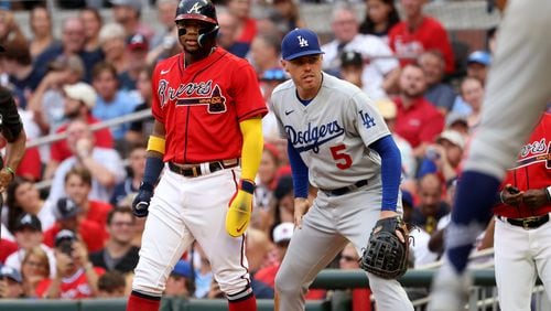File photo of Ronald Acuna and Freddie Freeman from the Braves-Dodgers game at Truist Park during the 2022 season.