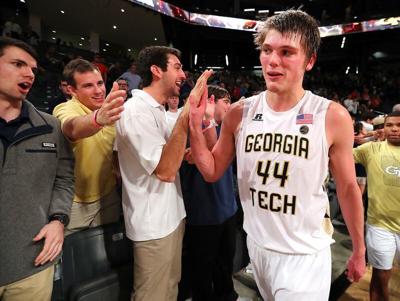  January 12, 2017, Atlanta: Georgia Tech center Ben Lammers, who led the team with 23 points, celebrates a 75-63 victory over Clemson with the fans during an NCAA basketball game on Thursday, Jan. 12, 2017, in Atlanta. Curtis Compton/ccompton@ajc.com
