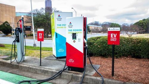 A Georgia Power charging station for electric vehicles. Conveniece stores and gas stations are lobbying the General Assembly to pass a law they say will help the stores be competitive in installing charging stations. STEVE SCHAEFER FOR THE ATLANTA JOURNAL-CONSTITUTION