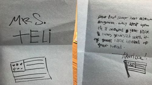 Mairiah Teli, a Muslim teacher at Dacula High, said she was left a note Friday telling her her headscarf is no longer allowed and she should hang herself with it. She sees the note as a result of Donald Trump’s win of the presidential election. (Credit: Mairah Teli)