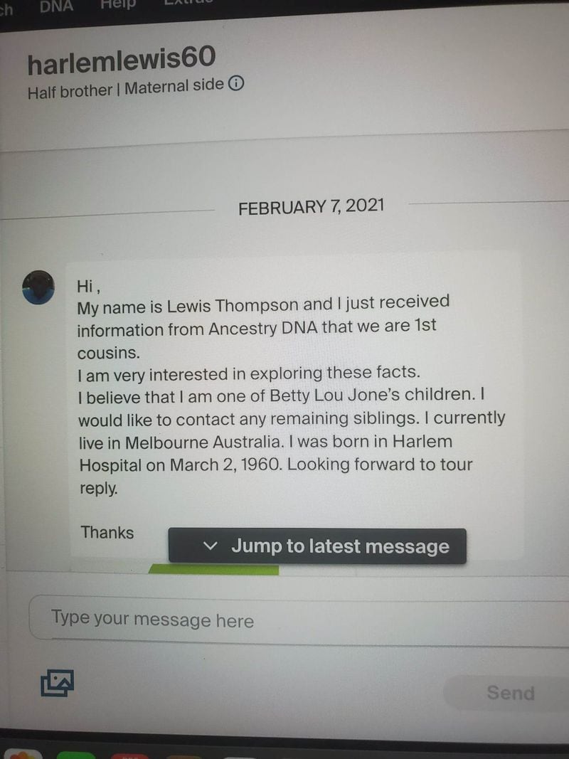 A screenshot of Lewis Thompson's message to find his family. For roughly 60 years, Thompson didn't know his siblings were alive. That was until 2021, when he took an Ancestry DNA test that revealed he had a cousin who turned out to be his biological brother.