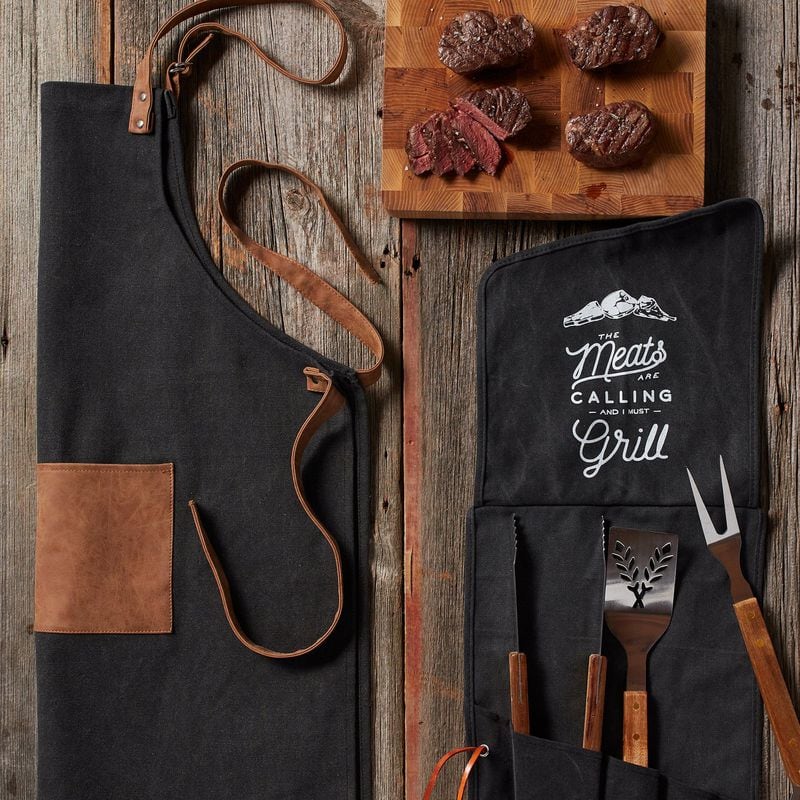 This grilling set features stainless steel cooking tools, an apron and of course, filet mignon. Contributed Hickory Farms
