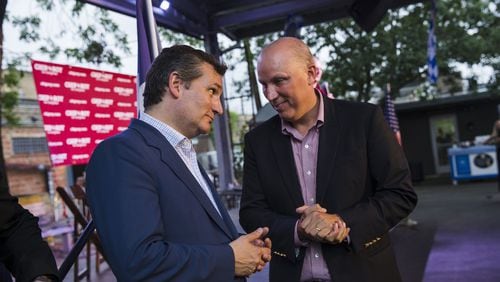 Then-congressional candidate Chip Roy, right, talks with U.S. Sen. Ted Cruz during Roy’s campaign rally for the 21st Congressional District in May at Krause’s Cafe in New Braunfels.
