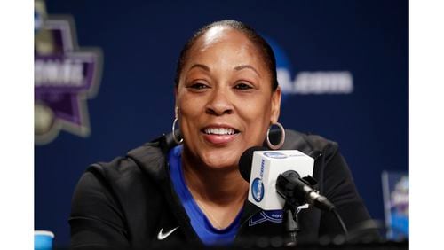 Buffalo head coach Felisha Legette-Jack speaks during a women's NCAA college basketball tournament press conference in Albany, N.Y., Friday, March 23, 2018. Buffalo will play against South Carolina in a regional semifinal game on Saturday. (AP Photo/Frank Franklin II)