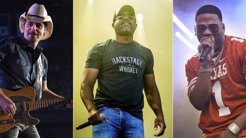 This combination photo shows, from left, Brad Paisley, Darius Rucker and rapper Nelly, who will participate in Live Nation's "Live from the Drive-In," concert series taking place July 10-12.  (AP Photo)