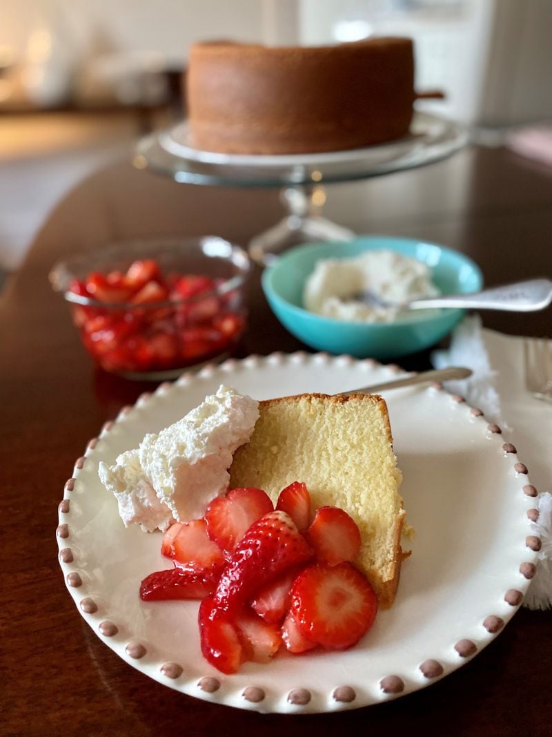 Cheryl Day’s Cold-Oven Pound Cake makes a marvelous foundation for fresh strawberries and whipped cream. (Wendell Brock for The Atlanta Journal-Constitution)