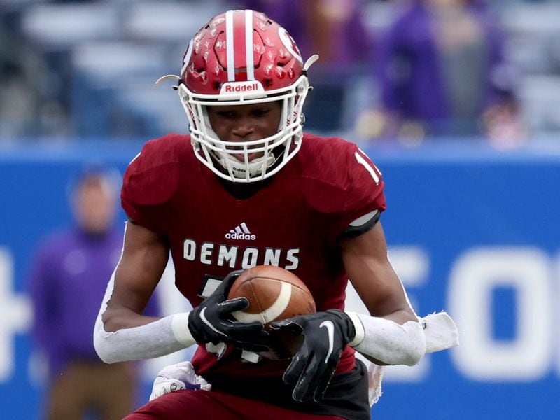 Warner Robins wide receiver Daveon Walker (11) runs after a catch against Cartersville during the first half of the Class 5A football championship game Wednesday, Dec. 30, 2020, at Center Parc Stadium in Atlanta. (Jason Getz/For the AJC)