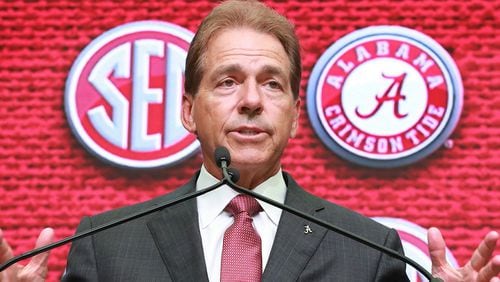 Alabama coach Nick Saban holds his SEC Media Days news conference at the College Football Hall of Fame on Wednesday, July 18, 2018, in Atlanta. (Curtis Compton/AJC)