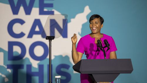 06/18/2021 — Atlanta, Georgia — Atlanta Mayor Keisha Lance Bottoms makes remarks during a COVID-19 vaccine mobilization rally at Clark Atlanta University in Atlanta, June 18, 2021.(Alyssa Pointer / Alyssa.Pointer@ajc.com)