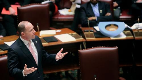 FILE - Sen. Timothy Kennedy, D-Buffalo, left, speaks in the Senate Chamber of the state Capitol, Feb. 6, 2017, in Albany, N.Y. In a special election Tuesday, April 30, voters in upstate New York's 26th Congressional District will choose between Kennedy, a Democrat, and Gary Dickson, the first Republican elected as a town supervisor in the Buffalo suburb of West Seneca in 50 years. (AP Photo/Hans Pennink, File)
