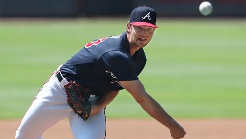 Braves pitcher Mike Soroka delivers a pitch during live batting practice at the first workout of summer Camp Friday, July 3, 2020, at Truist Park in Atlanta.