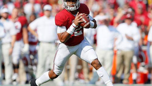 Alabama, quarterbacked by freshman Jalen Hurts (2), is the No. 1 seed in the College Football Playoff. (Photo by Kevin C. Cox/Getty Images)
