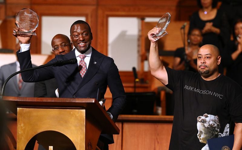 Yusef Salaam (left) and Raymond Santana, two of the the infamous Central Park Five case who were wrongfully convicted of beating and raping a woman jogger in Central Park in 1989, are recognized during the Mass Incarceration Conference church service at Ebenezer Baptist Church on Monday, June 17, 2019, in Atlanta.  