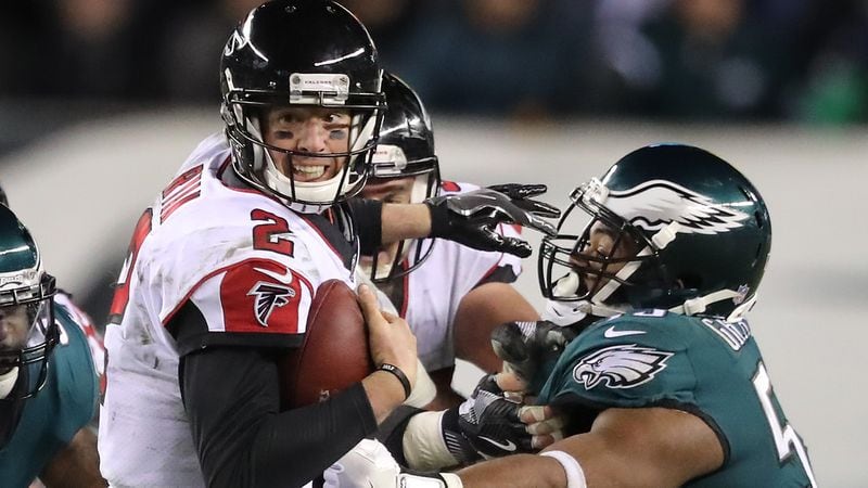Eagles defensive end Brandon Graham sacks Falcons Matt Ryan during the second half in their NFC Divisional Game on Saturday, January 13, 2018, in Philadelphia.    Curtis Compton/ccompton@ajc.com