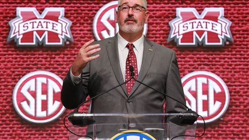 July 18, 2018 Atlanta: Mississippi State head coach Joe Moorhead holds his SEC Media Days press conference at the College Football Hall of Fame on Wednesday, July 18, 2018, in Atlanta.     Curtis Compton/ccompton@ajc.com